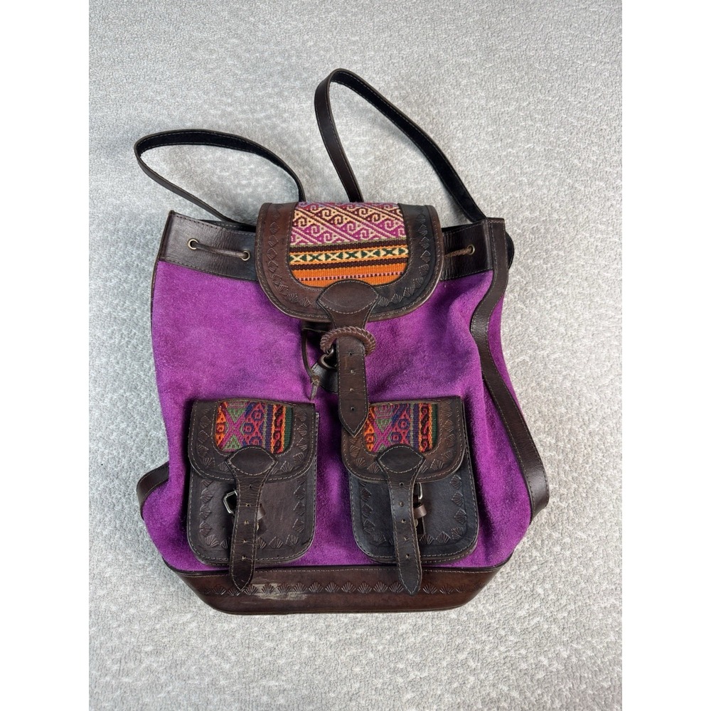 Tooled Leather Wool Tweed Suede Artisan Hand Made Purple Brown Backpack Bag